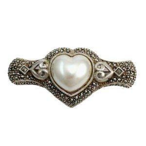 Judith Jack Sterling Silver Faux Pearl Heart Marcasite Pin Brooch